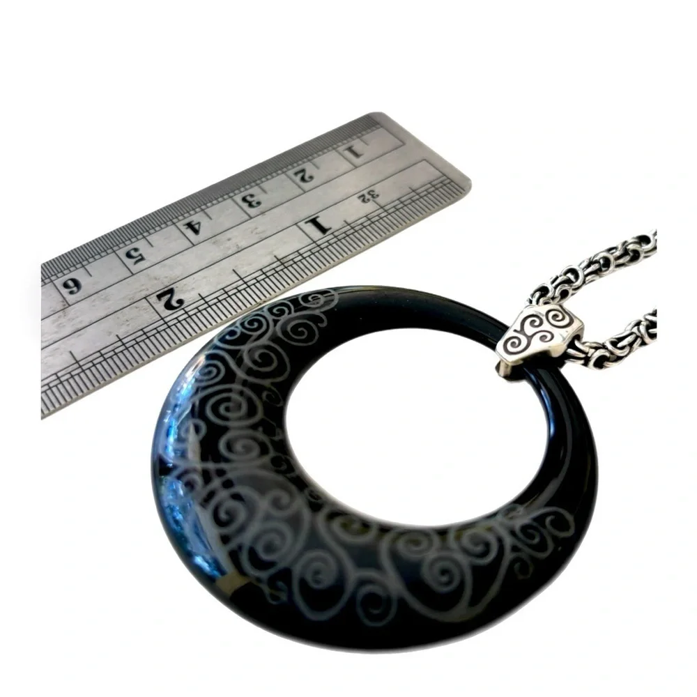 Brighton Round Lava Lounge Lucite Black Silver Scroll Design Pendant Necklace.